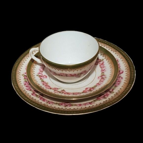 Antique Tea Cup Saucer Floral Gilded Hand Painted Porcelain Victorian MZ Austria - Picture 1 of 12